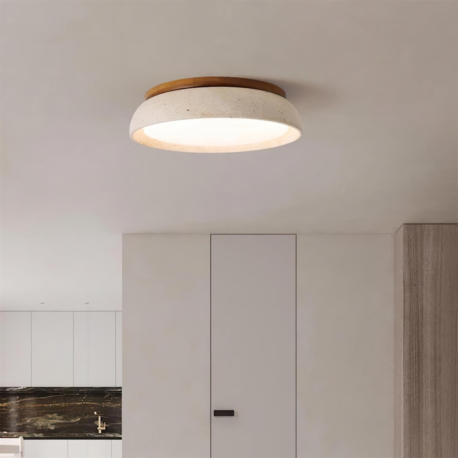 Kloris Travertine Wood Round Flush Ceiling Light