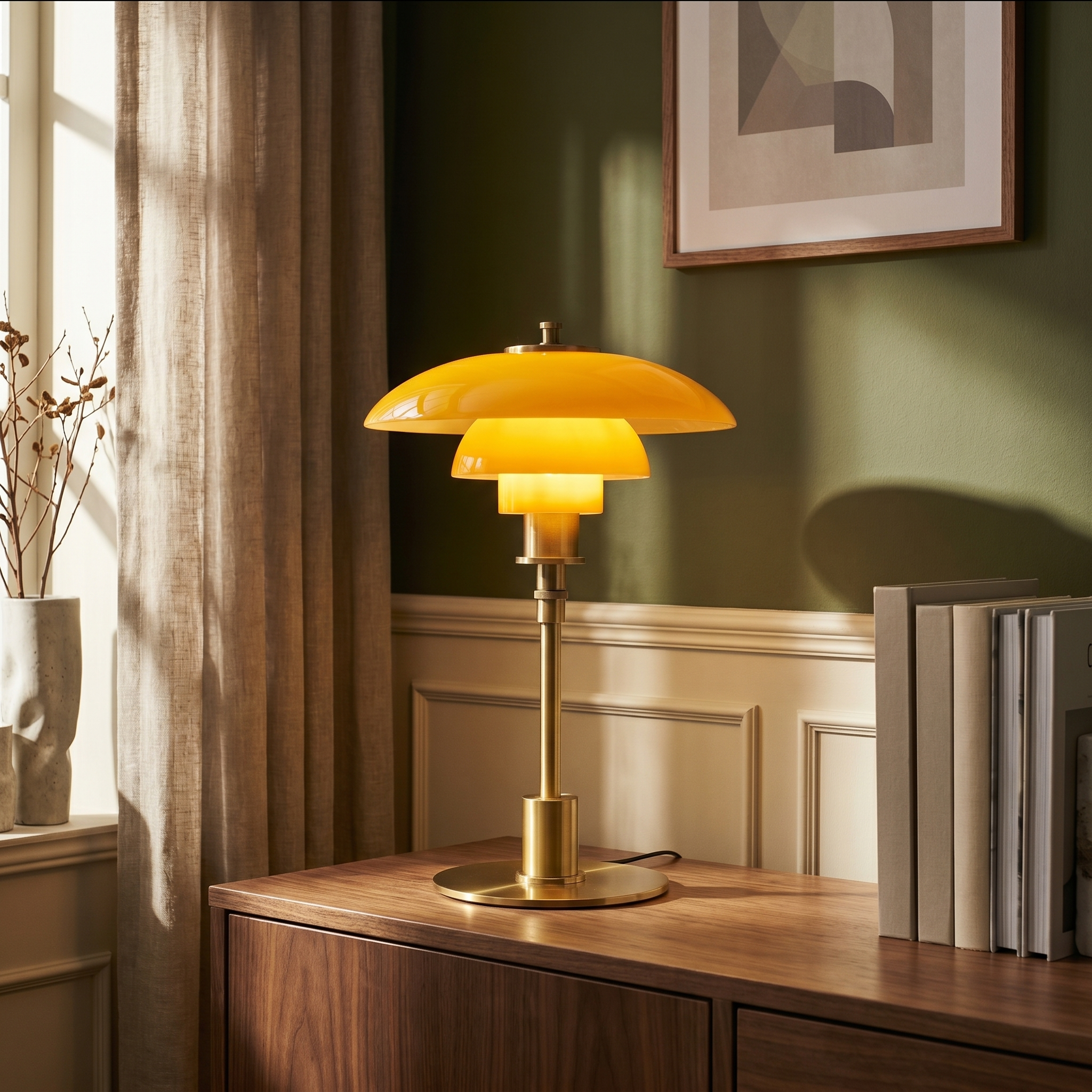 Yellow table lamp on a wooden desk with a green wall and framed picture in the background
